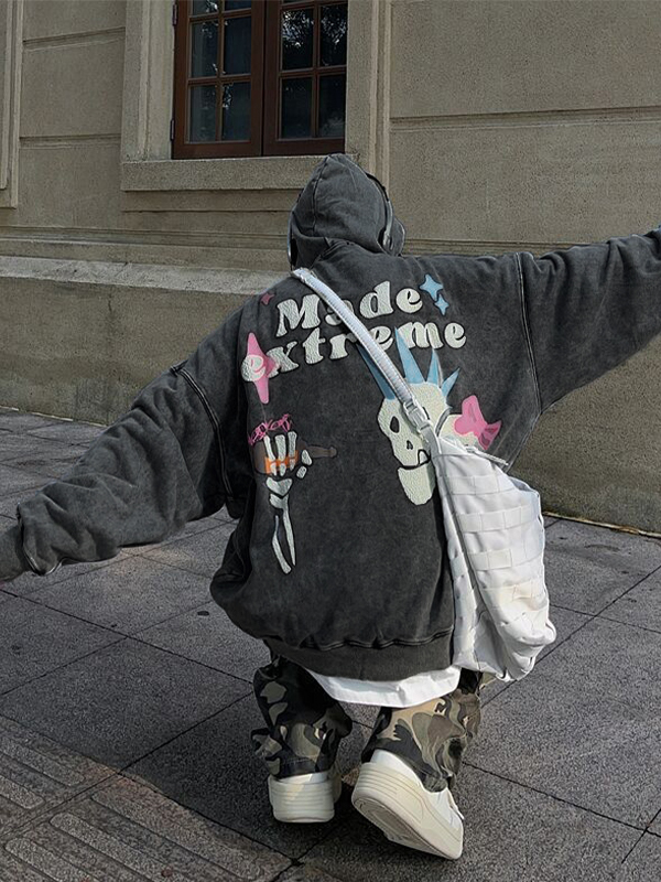 Sudadera con capucha extragrande con estampado de calavera desgastada Hip Pop para hombre-2