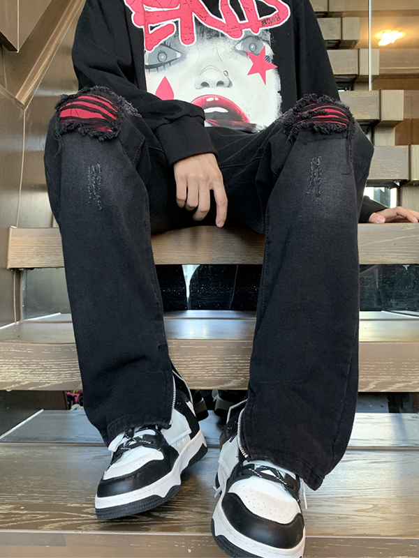 Pantalones de pierna recta con cremallera lateral rasgada y parche en contraste para hombre-2