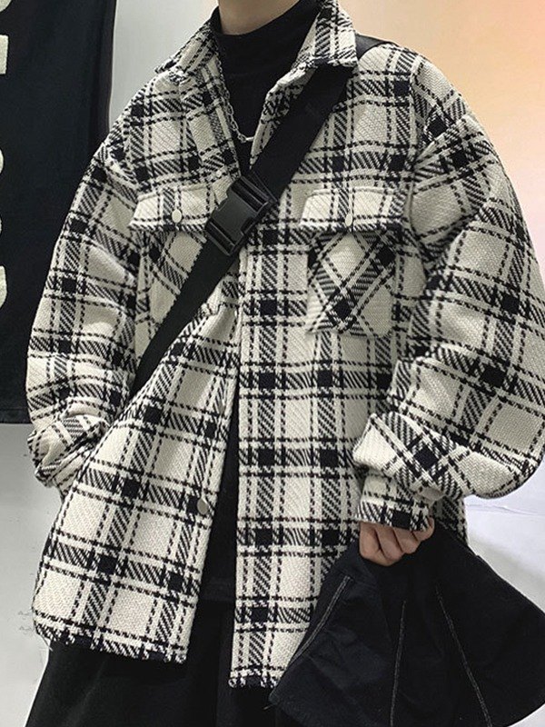 Chaqueta de tweed a cuadros de manga larga para hombre-3