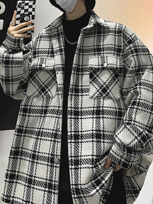 Chaqueta de tweed a cuadros de manga larga para hombre-2