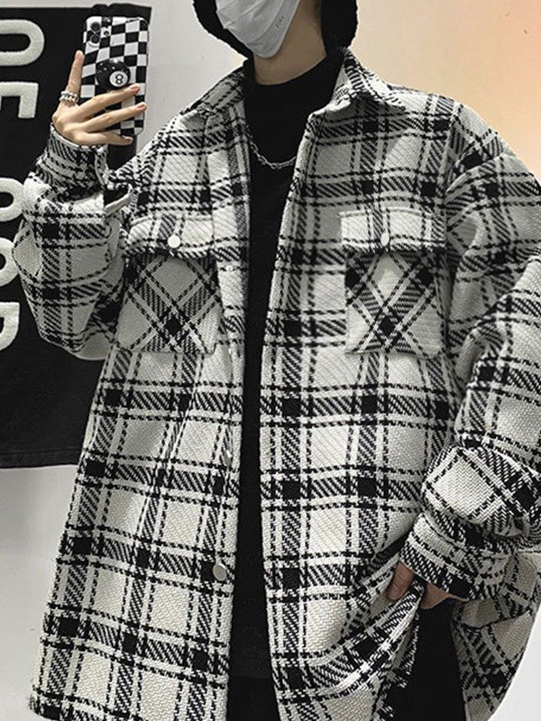 Chaqueta de tweed a cuadros de manga larga para hombre-1